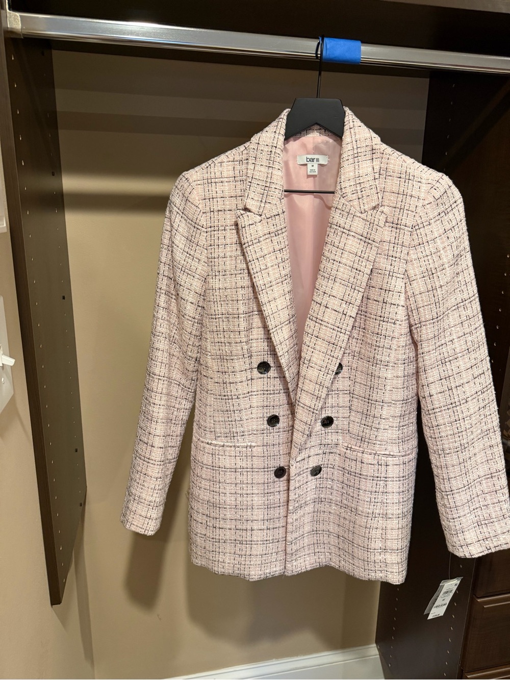 Bar III Light Pink Tweed Double-Breasted Blazer